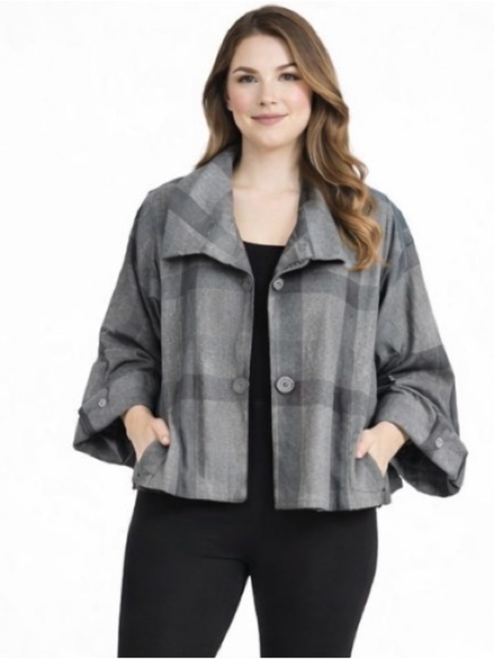 ANA Women’s Size M Swing Grey Plaid Cropped Jacket Whimsical Career Classic‎